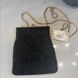 Hillard & Hanson Black Beaded Clutch with Gold Chain